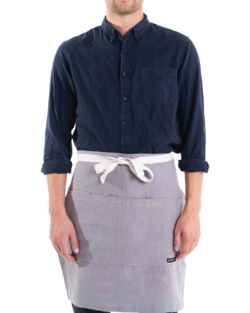 Caldo Linen Bistro Cafe Apron - Professional Grade with Pockets, Half Kitchen Apron, Mid Length 23 x 23, 40 Inch Waist Ties - Durable Unisex Uniform- Server or Chef (Grey) - Image 3